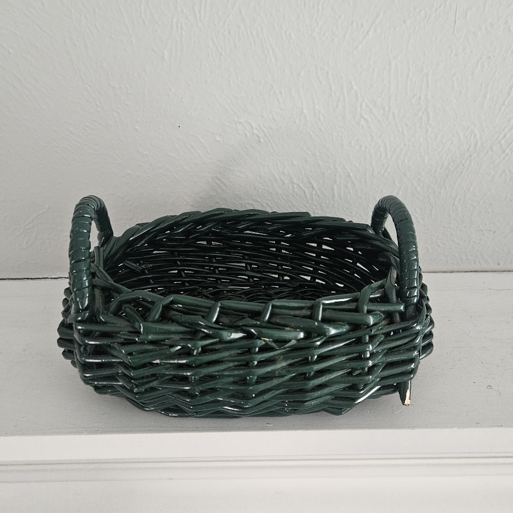 Vintage Green Wicker Woven Basket With Handles